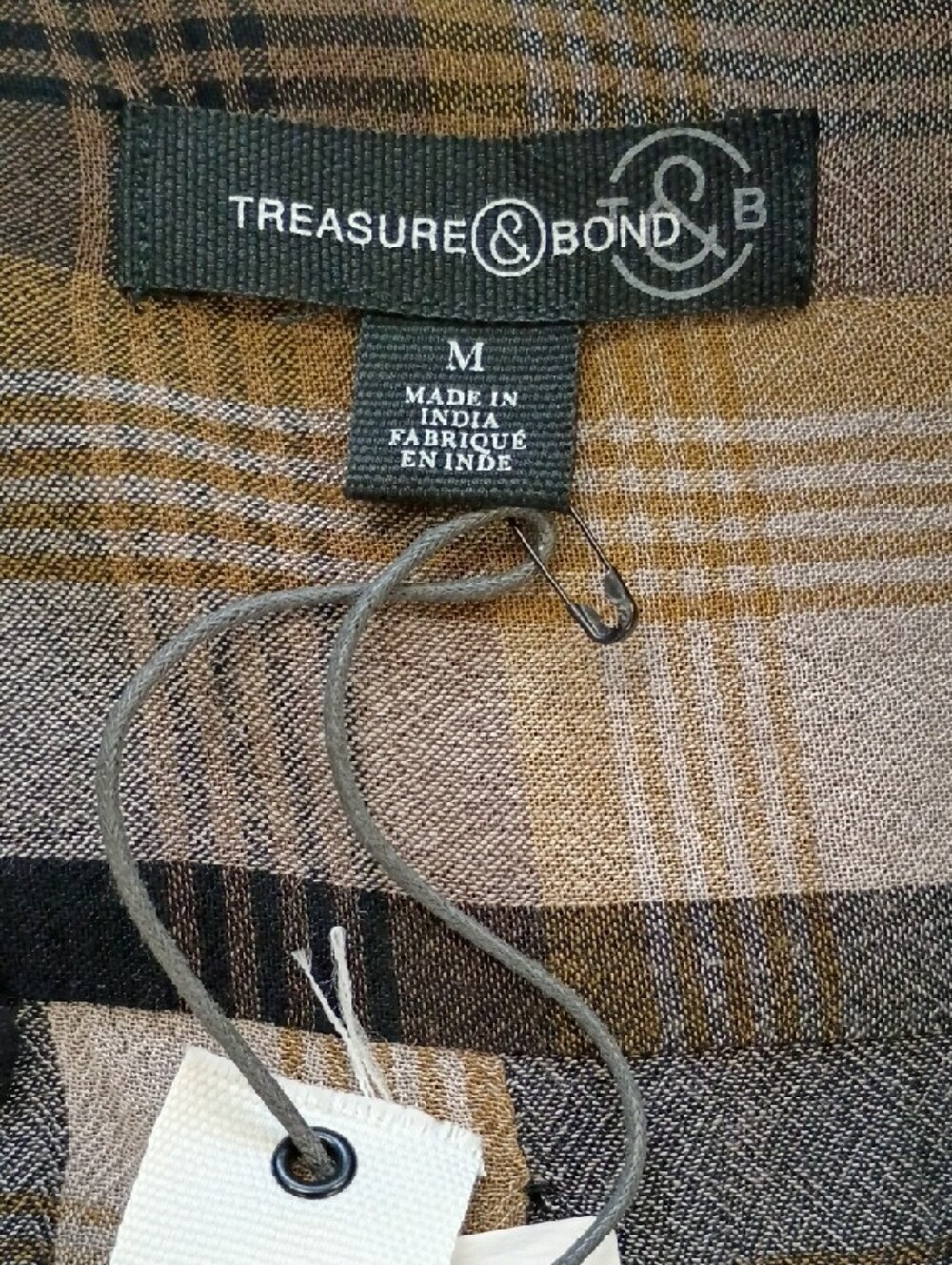Treasure & Bond Black Brown Plaid Rayon Button Shirt Size Small & Medium - Picture 5 of 9